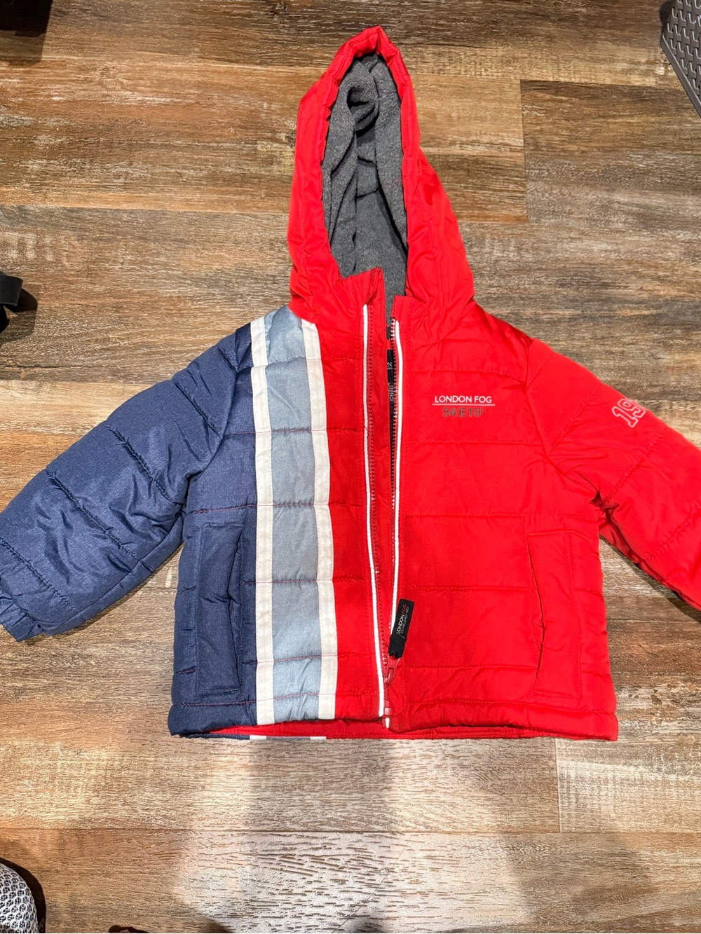 London Fog Kids Red & Navy Hooded Puffer Jacket with Stripe